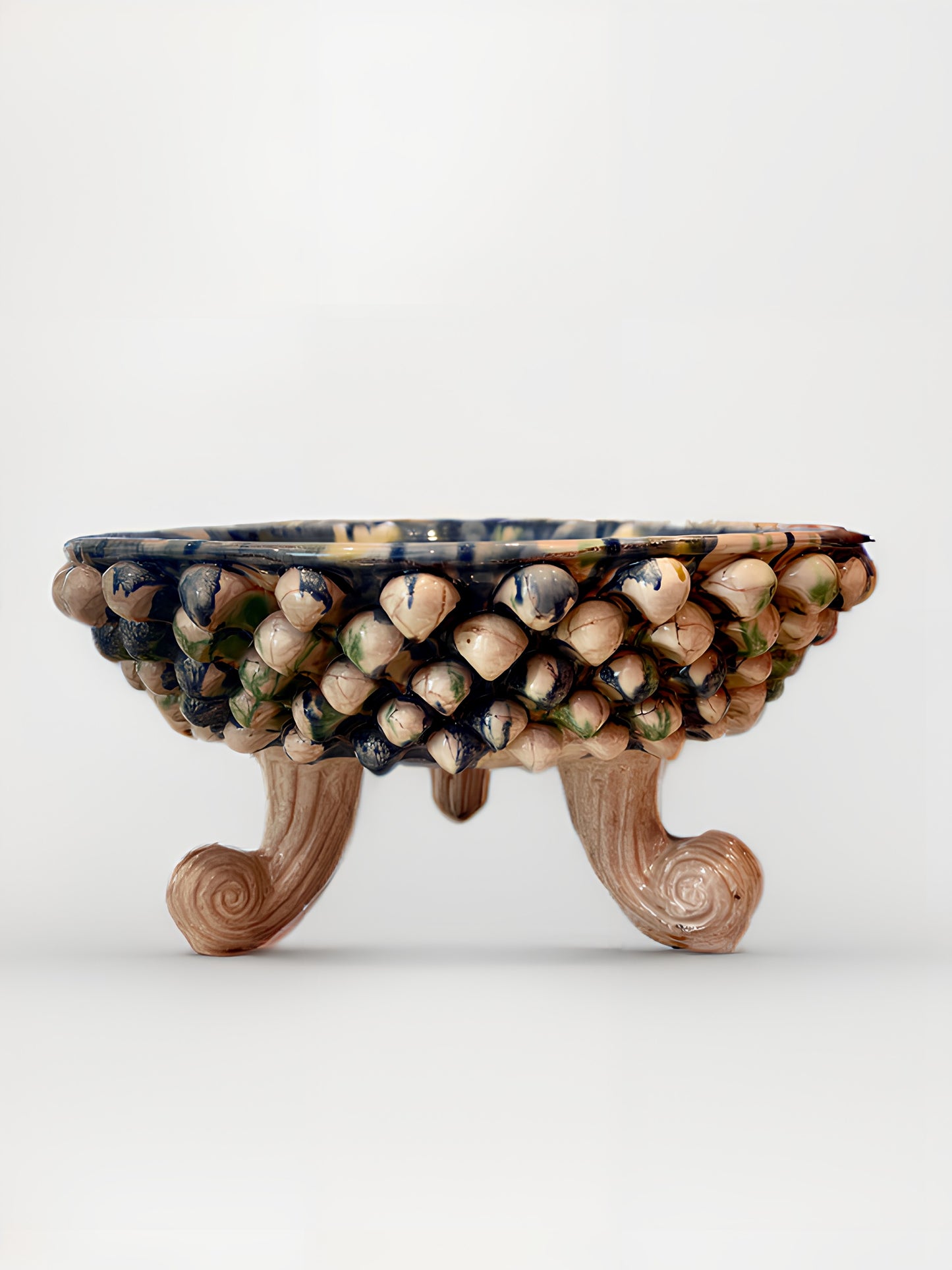 Three-Footed Sicilian Pine Cone Bowl | Blue Yellow Swirl