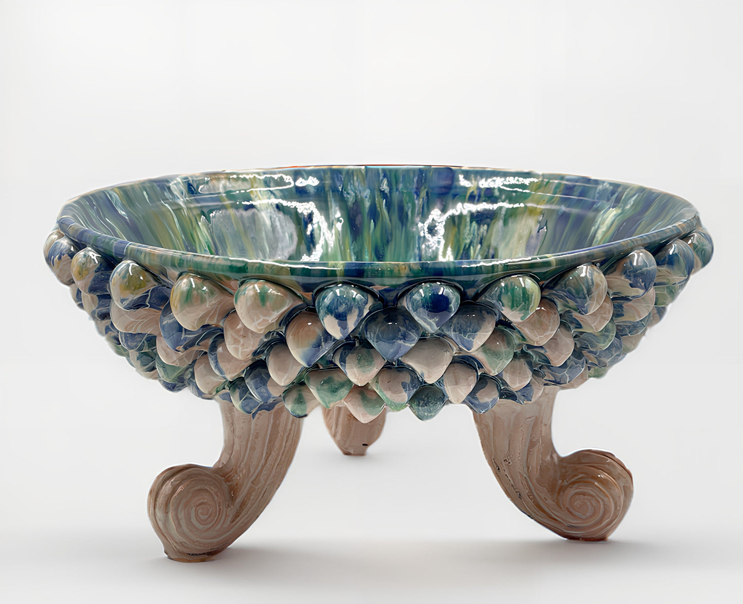 Three-Footed Pedestal Sicilian Pine Cone Bowl, Blue | Green Swirl
